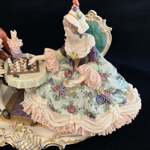 Dresden Volkstedt Porcelain Lace Couple Playing Chess 10" Wide Antique Victorian - Picture 5 of 16